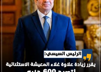 السيسي يقرر زيادة علاوة غلاء المعيشة الاستثنائية لتصبح 600 جنيه بدلًا من 300